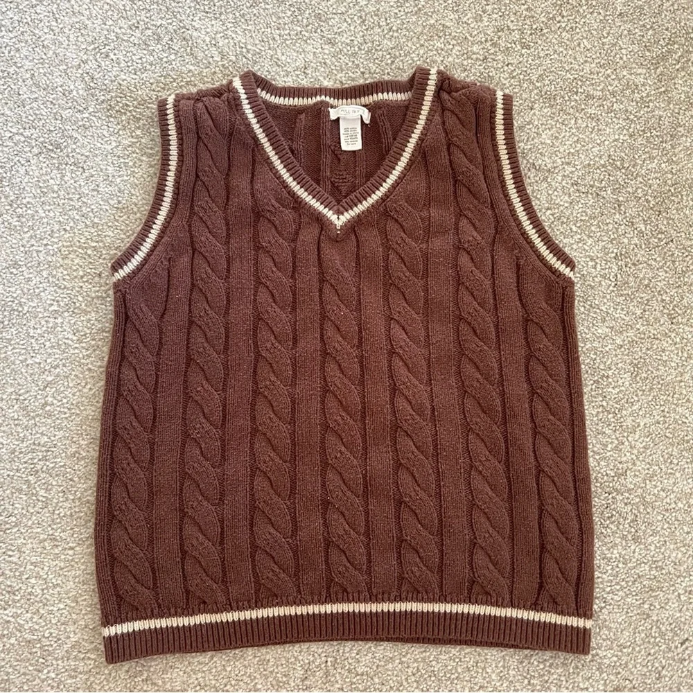 Full Tilt Brown and Cream Cotton Cable Knit V-neck Sweater Vest - Picture 4 of 6